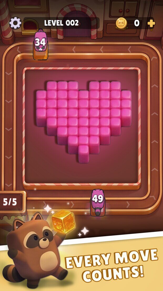 A level 2 board holding a pink heart made of candy blocks, captioned “Every move counts!”