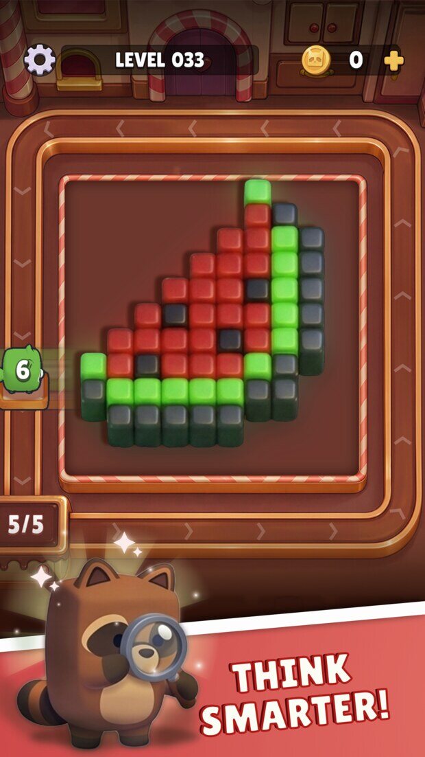 A level 33 board holding a watermelon slice in red and green candy blocks, captioned “Think smarter!”